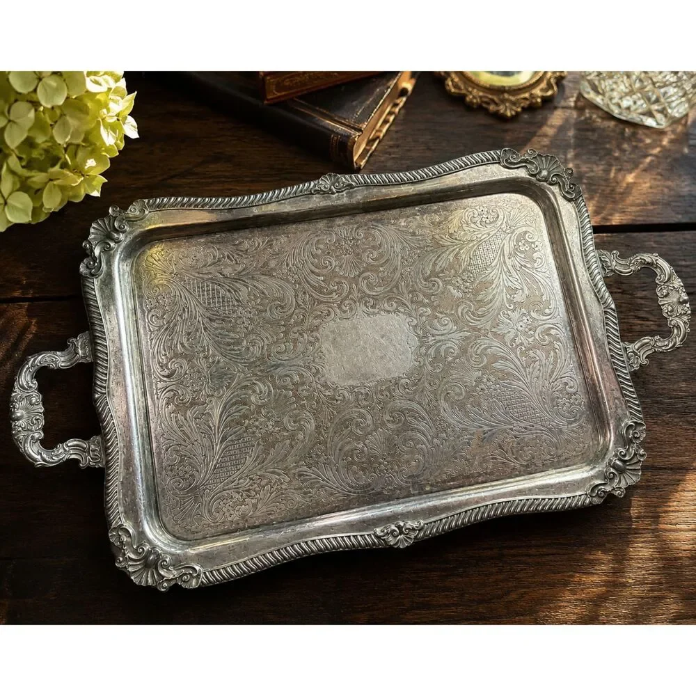 Vintage  Serving Tray on silver on Copper with Ornate Floral Engraving & Handles